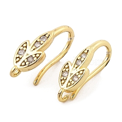 Brass with Cubic Zirconia Earring Hooks, Ear Wire, Leaf, Real 18K Gold Plated, 18 Gauge, 16x5.5x8.5mm, Hole: 1.2mm, Pin: 1mm(KK-Q782-03G)