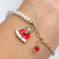 Christmas Jewelry, Alloy Enamel Charm Bracelets for Women, with Plastic Imitation Pearl, Christmas Bell(NB3744-3)