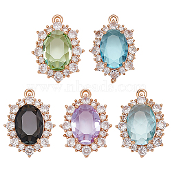 5Pcs 5 Colors Brass Glass Clear Cubic Zirconia Pendants, Oval, Golden, Mixed Color, 24x18x8.5mm, Hole: 1.4mm, 1pc/color(KK-WR0001-66)
