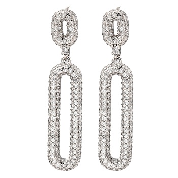 Brass Micro Pave Cubic Zirconia Dangle Stud Earrings, Oval, Platinum, Clear, 50x10.5mm