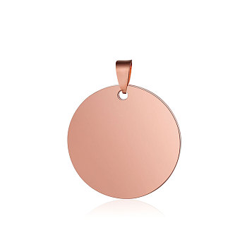 Ion Plating(IP) 304 Stainless Steel Pendants, Manual Polishing, Flat Round Charm, Stamping Blank Tag, Rose Gold, 29.5~30x1.5mm, Hole: 8.5x3.5mm