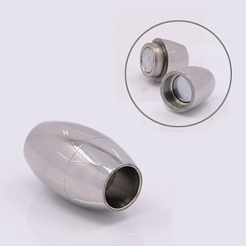 304 Stainless Steel Magnetic Clasps with Glue-in Ends, Oval, Stainless Steel Color, 18x10.5mm, Hole: 6mm
