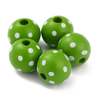 Dyed Natural Wooden Beads, Macrame Beads Large Hole, Round with Polka Dot, Lime Green, 16x15mm, Hole: 4mm