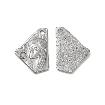 304 Stainless Steel Pendant Cabochon Settings, Polygon Shape with Woman Pattern, Stainless Steel Color, Tray: 3.5mm, 30x21x2.5mm, Hole: 3mm