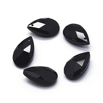 Faceted Glass Pendants, Teardrop, Black, 15x9.5x5.5mm, Hole: 1mm
