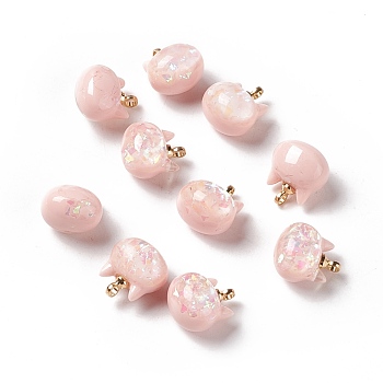 Sparkle Opaque Resin Charms, with Golden Tone Brass Findings, Pearlized, Cat Head, Pink, 11.5x10.5x8mm, Hole: 1.5mm