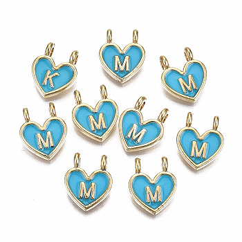 Alloy Enamel Charms, Cadmium Free & Lead Free, Heart with Initial Letters, Light Gold, Deep Sky Blue, Letter.M, 14.5x11.5x4.5mm, Hole: 2mm