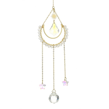 Glass Suncatcher with Brass Cable Chains & Links, Window Hanging Ornaments, Moon & Sun & Star & Teardrop, Golden, 255mm