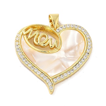 Mother's Day Brass Micro Pave Clear Cubic Zirconia Pendants, Real 16K Gold Plated, with Shell, Heart, 28.5x28x3mm, Hole: 4x3.5mm