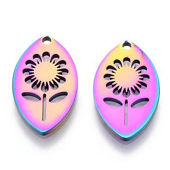Ion Plating(IP) 304 Stainless Steel Pendants, Laser Cut, Horse Eye with Flower Charm, Rainbow Color, 20x12x1.5mm, Hole: 1.5mm