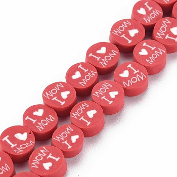 Handmade Polymer Clay Bead Strands, Mother's Day Theme, Flat Round with Word I Love MOM, Red, 8x4mm, Hole: 1.4mm, about 40pcs/strand, 13.58 inch~ 14.37 inch(34.5cm~36.5cm)