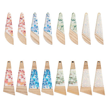 16Pcs 8 Style Wooden Pendants, Resin and Star Gold Foil, Dragonfly Wing Charms, Mixed Color, 54~57x14~19x4mm, Hole: 2mm