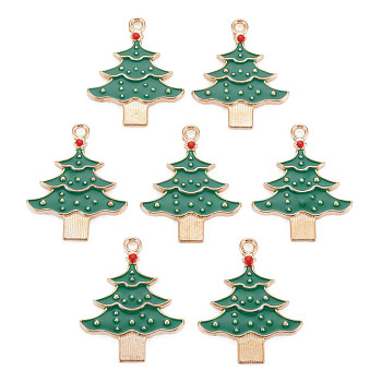 Alloy Enamel Pendants, Cadmium Free & Lead Free, Christmas Trees, Light Gold, Green, 33x26x2.5mm, Hole: 2mm