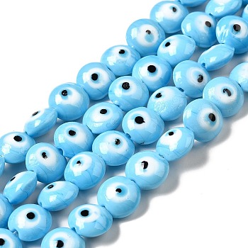 Handmade Evil Eye Lampwork Beads Strands, Flat Round, Light Sky Blue, 12.5x7.5mm, Hole: 1.6mm, about 33pcs/strand, 15.12''(38.4cm)