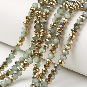 Electroplate Glass Beads Strands, Imitation Jade, Half Golden Plated, Faceted, Rondelle, Aqua, 8x6mm, Hole: 1mm, about 68pcs/strand, 15.5 inch(38.75cm)