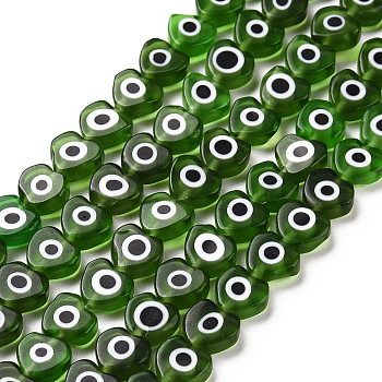 Handmade Evil Eye Lampwork Beads Strands, Heart, Green, 6~7x8x3mm, Hole: 1mm, about 47~49pcs/strand, 13.19~13.98 inch(33.5~35.5cm)