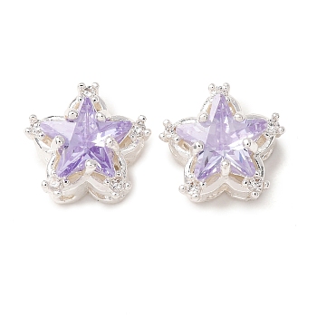 Brass Micro Pave Lilac Cubic Zirconia Beads, Hollow Star, Silver, 11x12x8mm, Hole: 1.6mm