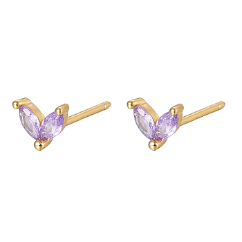 Golden 925 Sterling Silver Micro Pave Cubic Zirconia Stud Earrings, Leaf, Lilac, 5.5mm