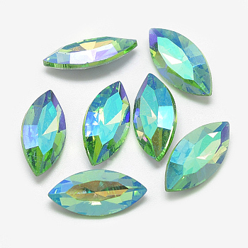 Pointed Back Glass Rhinestone Cabochons, Back Plated, Faceted, AB Color Plated, Horse Eye, Light Green, 15x7x4mm