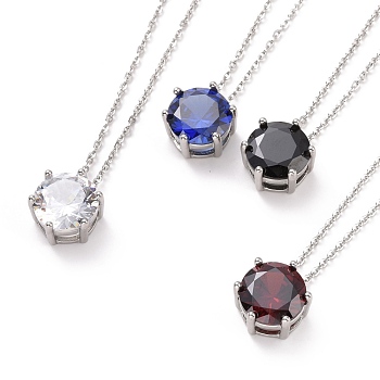 Flat Round Cubic Zirconia Pendant Necklace, Stainless Steel Color Plated 304 Stainless Steel Jewelry for Women, Mixed Color, 17.52 inch(44.5cm)
