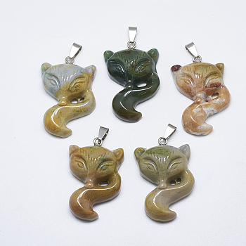 Natural Indian Agate Pendants, with Stainless Steel Snap On Bails, Fox, Platinum, 44~46x29~30x11~12.5mm, Hole: 8.5x4mm