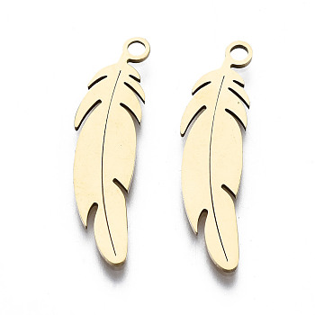 201 Stainless Steel Pendants, Laser Cut, Feather, Golden, 26x7x1mm, Hole: 1.4mm