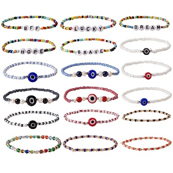 Word Lucky Stretch Bracelets Set, Evil Eye Beads Protection Bracelets, Glass Seed Beads Bracelets for Girl Women, Mixed Color, Inner Diameter: 2-1/8~2-3/8 inch(5.5~6cm), 18pcs/set