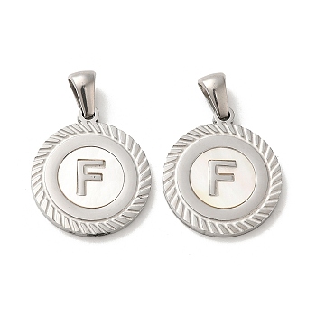 304 Stainless Steel Pendants, Flat Round Shell Charms with Letter, Stainless Steel Color, Letter F, 20.5x17.5x1.5mm, Hole: 2.5x4.5mm