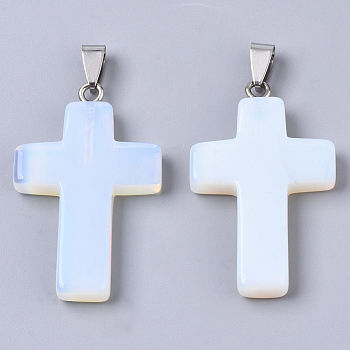 Opalite Pendants, with Random Stainless Steel Snap On Bails, Cross, 44~46x27~29x6~8mm, Hole: 4x8mm