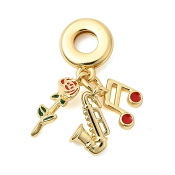 Brass Green and Red Enamel European Dangle Charms, Rose Flower Musical Note Large Hole Pendants, Cadmium Free & Lead Free, Long-Lasting Plated, Rack Plating, Real 18K Gold Plated, 30mm, Hole: 4.5mm