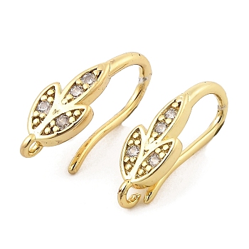Brass with Cubic Zirconia Earring Hooks, Ear Wire, Leaf, Real 18K Gold Plated, 18 Gauge, 16x5.5x8.5mm, Hole: 1.2mm, Pin: 1mm