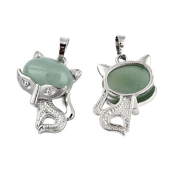 Natural Green Aventurine Pendants, with Platinum Plated Brass Findings, Cat Charm, 30.5x25x9mm, Hole: 5x7.5mm