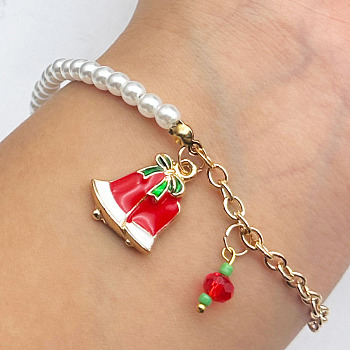 Christmas Jewelry, Alloy Enamel Charm Bracelets for Women, with Plastic Imitation Pearl, Christmas Bell