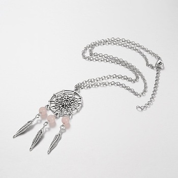 Iron Pendant Necklaces, with Alloy Leaf Findings and Natural Rose Quartz, 18.1 inch