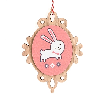 Easter Theme Wood Oval with Rabbit Pendant Decoration, for Home Party Hanging Decoration, White, 88x64x8mm
