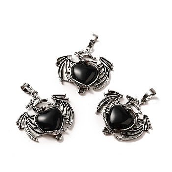 Natural Obsidian Heart Pendants, Dragon Charms, with Rack Plating Antique Silver Plated Brass Findings, Lead Free & Cadmium Free, 33x33.5~34x7~7.5mm, Hole: 8x5mm