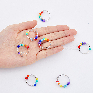 10Pcs 2 Style Rainbow Color Glass Beaded Rotating Open Cuff Rings Set(RJEW-DC0001-15)-5