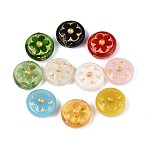 Flat Round with Flower Glass Beads, Golden Metal Enlaced, Mixed Color, 17x7mm, Hole: 1.2mm(GLAA-T025-59M)