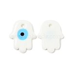 Handmade Lampwork Pendants, Hamsa Hand/Hand of Miriam with Evil Eye, White, 34.5~35x28.5~29x4.5~5mm, Hole: 3.5mm(LAMP-E027-01B)