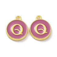 Golden Plated Alloy Enamel Charms, Cadmium Free & Lead Free, Enamelled Sequins, Flamingo, Flat Round with Letter, Letter.Q, 14x12x2mm, Hole: 1.4mm(ENAM-XCP0001-13Q)