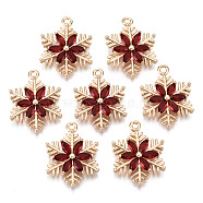 Christmas Brass Glass Pendants, Long-Lasting Plated, Snowflake, Light Gold, Red, 21x16x3mm, Hole: 1.6mm(KK-R111-009-A02)