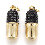 Brass Micro Pave Black Cubic Zirconia Pendants, Long-Lasting Plated, with Jump Rings, Capsule Shape, Golden, Black, 16x6x6mm, Hole: 4.5x0.8mm(ZIRC-Z001-03A)