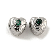 Brass Micro Pave Clear Cubic Zirconia Beads, Platinum, Heart, Green, 4.5x4.5x4.5mm, Hole: 1.6mm(KK-G490-17P-01)