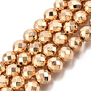 Electroplate Non-magnetic Synthetic Hematite Bead Strands, Round, Faceted, Light Gold Plated, 6mm, Hole: 1mm, about 65pcs/strand, 15.7 inch(G-Q465-23KC)