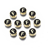 Alloy Enamel Beads, Cadmium Free & Lead Free, Light Gold, Flat Round with Alphabet, Black, Letter.F, 8x4mm, Hole: 1.5mm(ENAM-N052-006-02F-RS)