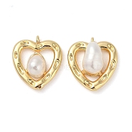 Brass Pave Natural Freshwater Pearl Pendants, Heart Charms, White, Real 18K Gold Plated, 17x16x7mm, Hole: 1.4mm(KK-U045-18G)