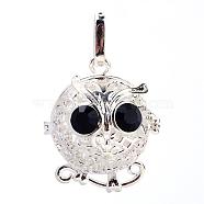 Rack Plating Brass Cage Pendants, For Chime Ball Pendant Necklaces Making, with Rhinestone, Owl, Silver, 32x27x23mm, Hole: 3mm, inner measure: 18mm(KK-S751-028S)
