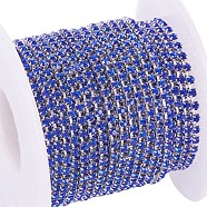 Brass Rhinestone Strass Chains, with Spool, Rhinestone Cup Chain, about 2880pcs Rhinestone/bundle, Grade A, Silver Color Plated, Sapphire, 2mm, about 10yards/roll(CHC-R125-S6-06S)