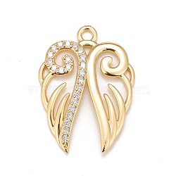 Brass Micro Pave Cubic Zirconia Pendants, Real 18K Gold Plated, Lead Free & Cadmium Free, Wing, Clear, 34x25x3mm, Hole: 2.5mm(KK-A161-26G)