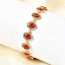 Brass Micro Pave Cubic Zirconia Link Bracelets, with Enamel, Rack Plating, Long-Lasting Plated, Lead Free & Cadmium Free, Real 18K Gold Plated, Strawberry, Red, 7-3/8 inch(18.6cm)(BJEW-K278-02G-02)